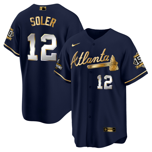 Men's Atlanta Braves #12 Jorge Soler 2021 Navy/Gold World Series Champions With 150th Anniversary Patch Cool Base Stitched Jersey - Click Image to Close